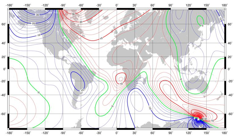 Světový Magnetický Model - červená východní změna - modrá západní změna - zelená bez změny - bílá hvězda je umístění magnetického pólu